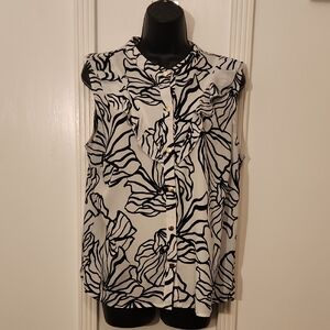 Nine West Black & White Sleeveless Ruffle-Front Blouse